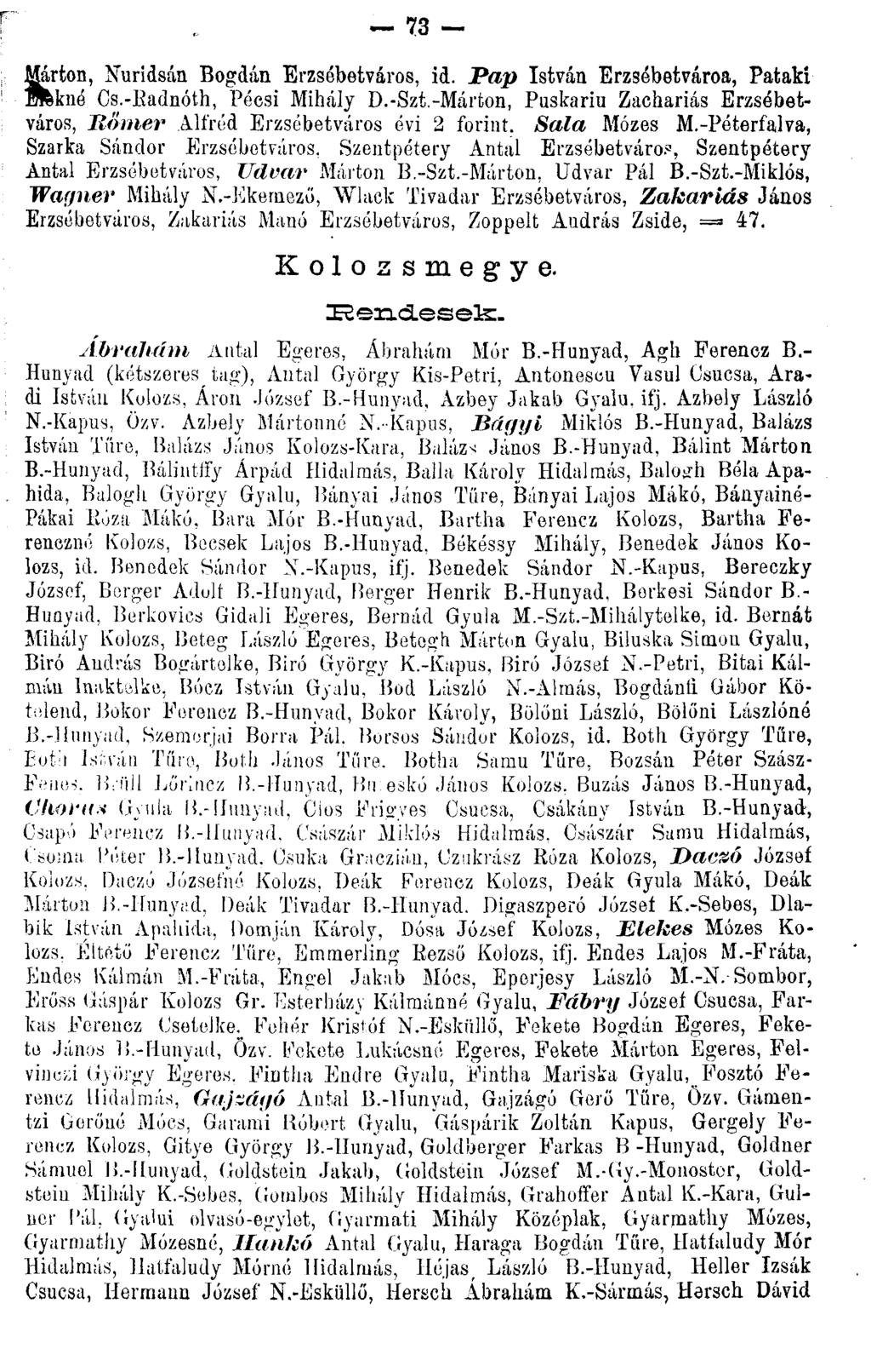 73 Márton, Nuridsán Bogdán Erzsébetváros, id. Pap István Erzsébetvároa, Pataki Mknó Cs.-Radnóth, Pécsi Mihály D.-Szt.