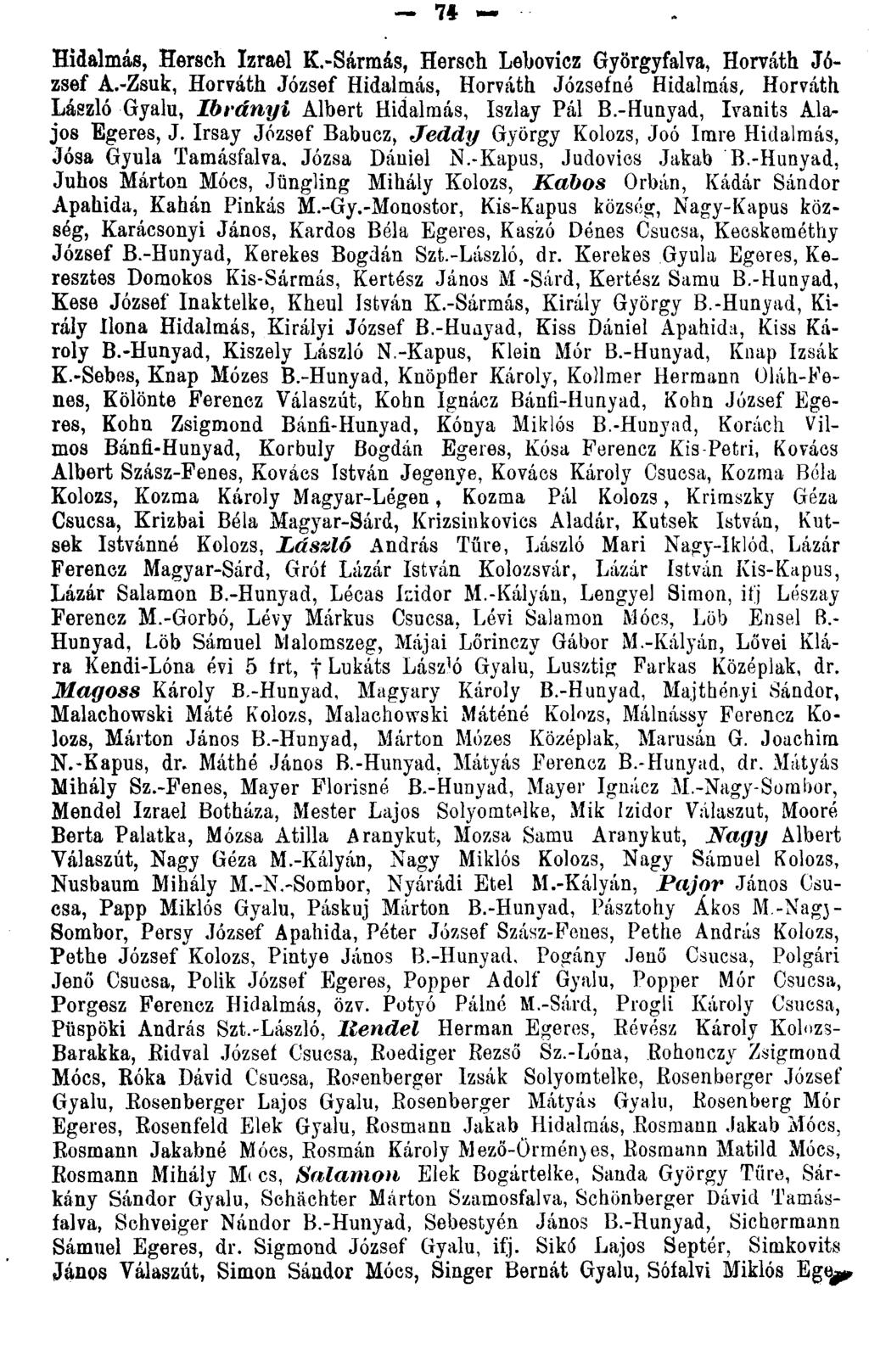 Hidalmás, Hersch Izrael K.-Sármás, Hersch Lebovicz Györgyfalva, Horváth József A.-Zsuk, Horváth József Hidalmás, Horváth Józsefné Hidalmás, Horváth László Gyalu, Ibrányi Albert Hidalmás, Iszlay Pál B.