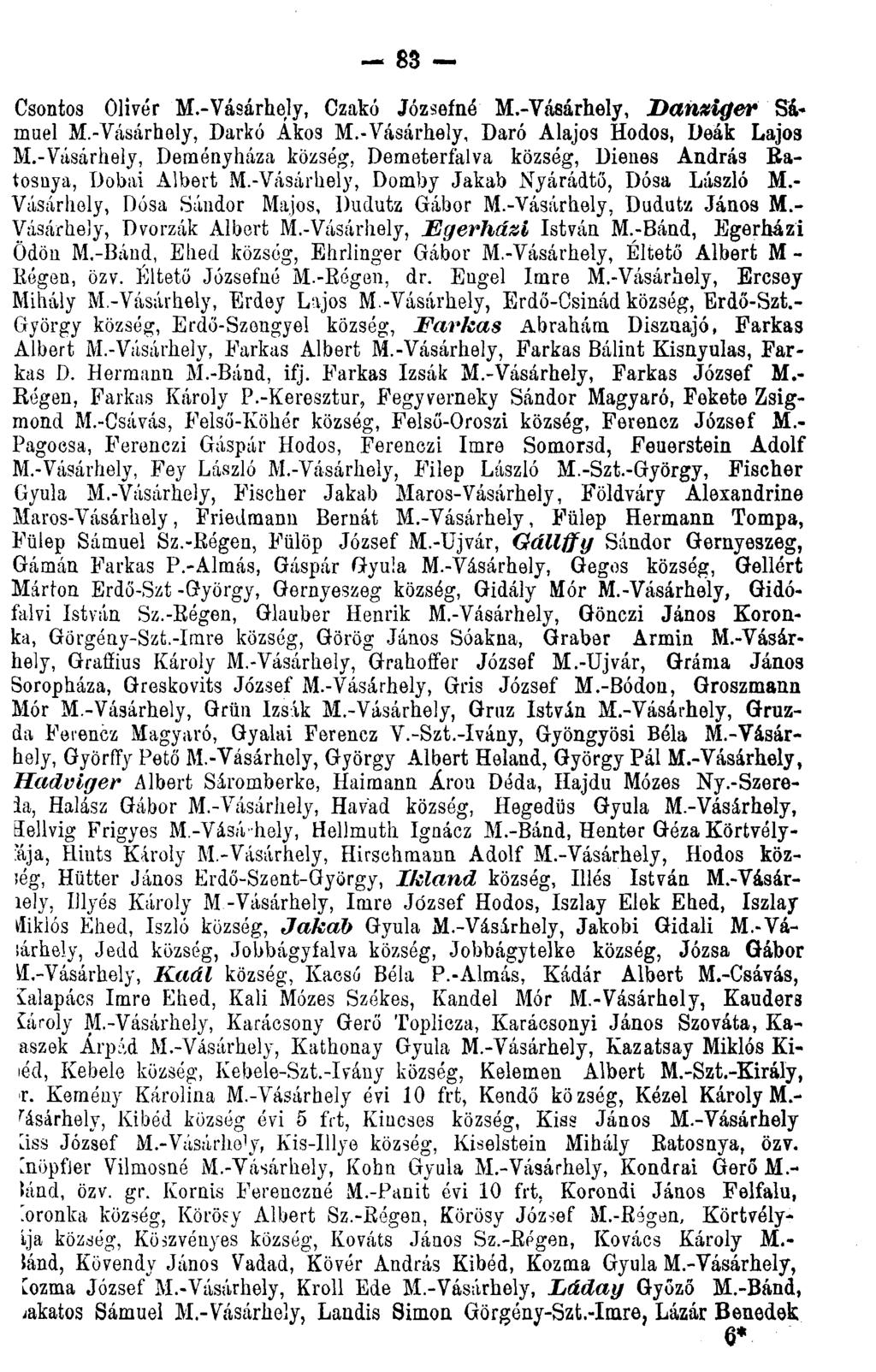 Csontos Olivér M.-Vásárhely, Czakó Józsefné M.-Vásárhely, Danziger Sámuel M.-Vásárhely, Darkó Ákos M.-Vásárhely, Daró Alajos Hódos, Deák Lajos M.