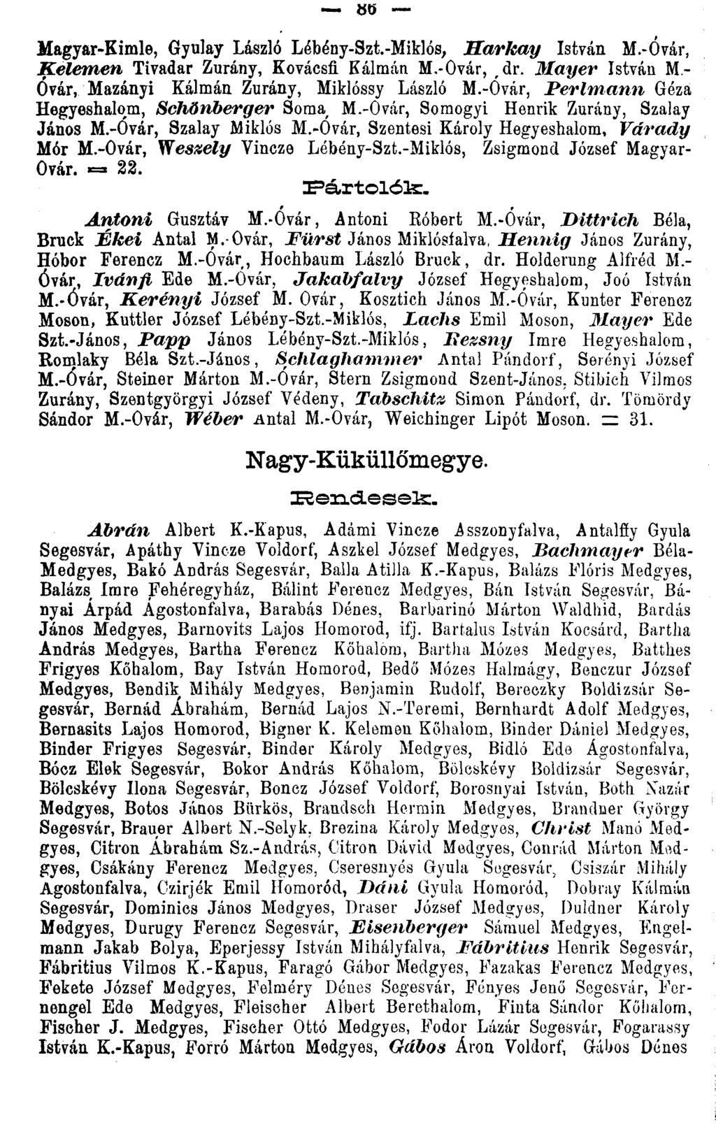 Magyar-Kimle, Gyulay László Lébény-Szt.-Miklós, Harkay István M.-Óvár, Kelemen Tivadar Zurány, Kovácsíi Kálmán M.-Ovár, rdr. Mayer István M.- Óvár, Mazányi Kálmán Zurány, Miklóssy László M.