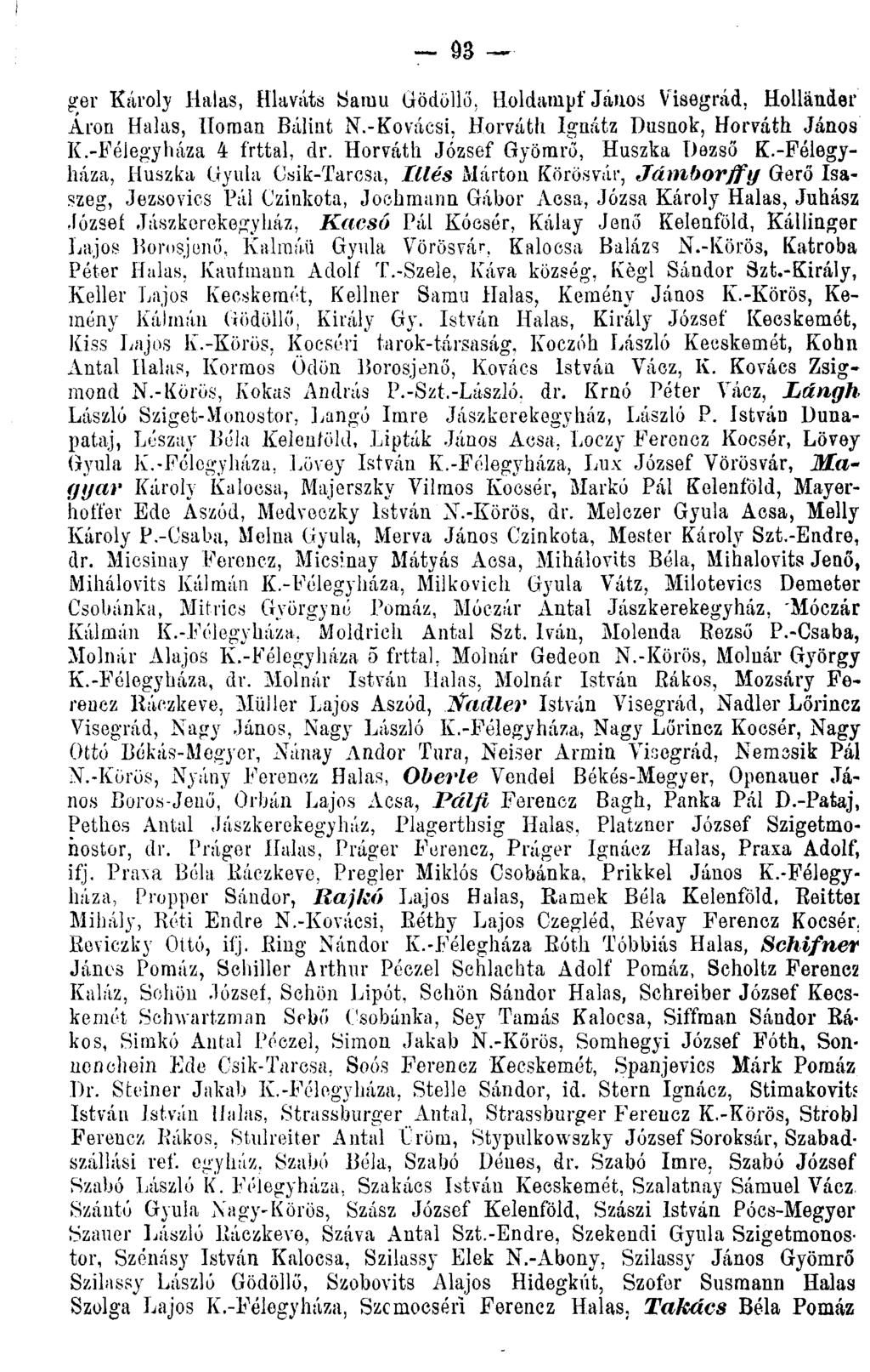 - 93 ~ ger Károly Halas, Hlaváts Samu Gödöllő, Holdampf János Visegrád, Hollandéi" Áron Halas, Iloman Bálint N.-Kovácsi, Horvátit Ignátz Dusnok, Horváth János K.-Félegyháza 4 írttal, dr.