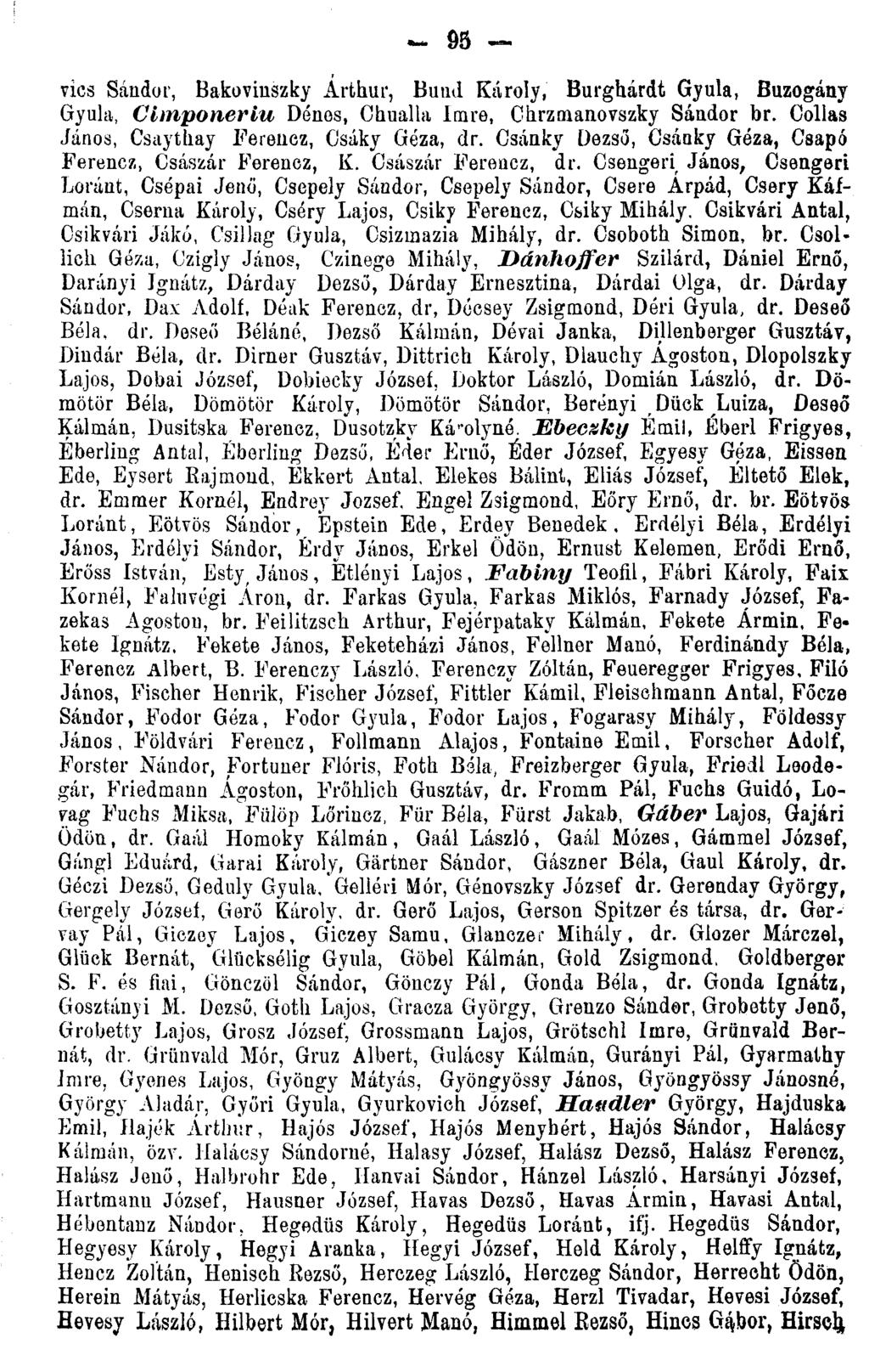 95 vics Sándor, Bakovhiszky Árthur, Bund Károly, Burghárdt Gyula, Buzogány Gyula, Cimponeriu Dénos, Chualla Imre, Chrzmanovszky Sándor br. Collas János, Csaythay Ferencz, Osáky Géza, dr.