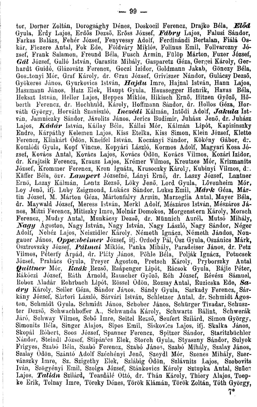 99 tor, Domer Zoltán, Dorogsághy Dénes, Doskocil Ferencz, Drajko Béla, Előd Gyula, Érdy Lajos, Erdős Dezső, Erőss József, Fábry Lajos, Falusi Sándor, Farkas Balázs, Fehér József, Fenyvessy Adolf,