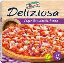 KÉSZTERMÉK 154 g SERTÉSHÚS FELHASZNÁLÁSÁVAL KÉSZÜLT TRATTORIA ALFREDO VEGÁN PIZZA Bruschetta / verdura Kövön sütött pizza elősütött alapon, paradicsomszósszal, hagymás és