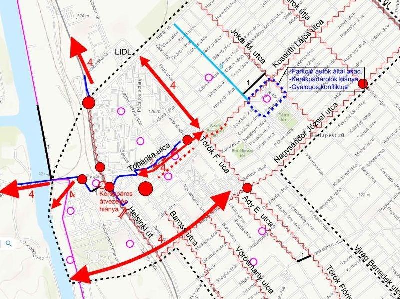 Hiányzik a kerékpáros kapcsolat a Török Flóris utca északi szakaszán a Határ út kereskedelmi létesítménye irányába, A közútburkolaton haladó villamospályák rendkívül rossz állapotban vannak, így