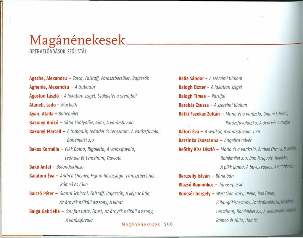 Magánénekesek ~ OPERAElŐADÁSOK SZÓlISTÁl Agache, Alexandru - tosco, Falstaff, Parasztbecsület, Bajazzók Aghenie, Alexandru - A trubadúr Ágoston lászló - A lakatlan sziget, Szökdelés a szerájból