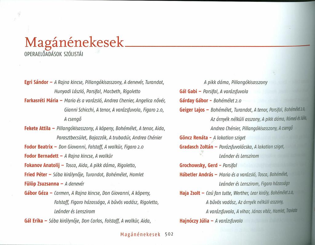 ~agánénekesek OPERAELŐADÁSOl< SZÓUSTÁI _ Egri Sándor - A Rajna kincse, Pillangókisasszony, A denevér, Turondot, Hunyadi László, Parsifal, Macbeth, Rigoletto Farkasréti Mária - Mario és a varázsló,