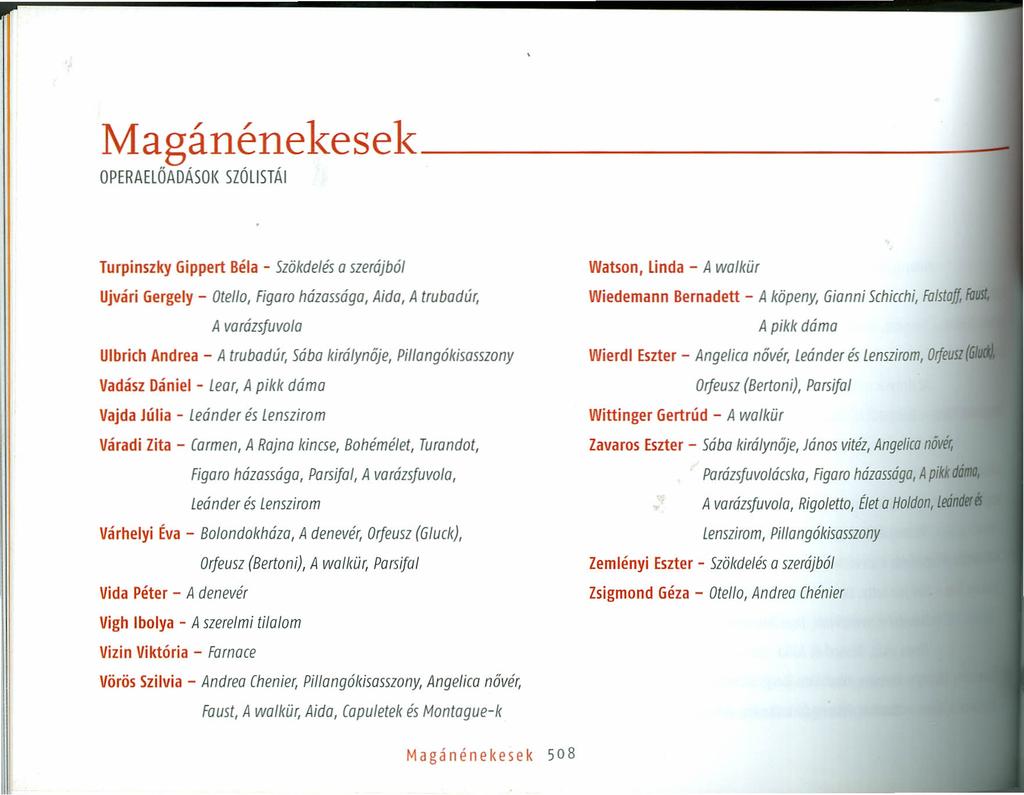 11agánénekesek 1 OPERAElŐADÁSOK SZÓlISTÁl Turpinszky Gippert Béla - Szökdelés a szerájbál Ujvári Gergely - Otel/o, Figara házassága, Aida, A trubadúr, A varázsfuvola Ulbrich Andrea - A trubadúr, Sába