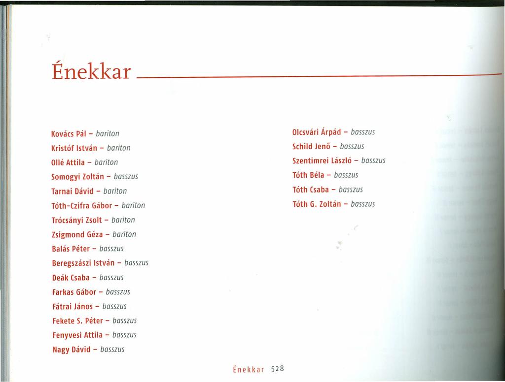 Énekkar _ Kovács pál - bariton Kristóf István - bariton Ollé Attila - boriton Somogyi Zoltán - bosstus Tarnai Dávid - bariton Tóth-Czifra Gábor - boriton Trócsányi Zsolt - boriton Zsigmond Géza -