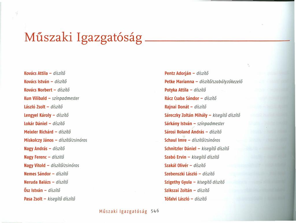 Múszaki Igazgatóság Kovács Attila - díszítő Kovács István - díszítő Kovács Norbert - díszítő Kun Vilibald - színpadmester László Zsolt - díszítő Lengyel Károly - díszítő Lokár Dániel - díszítő
