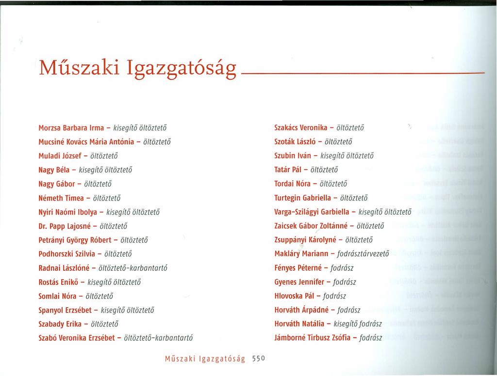 Műszaki Igazgatóság _ Morzsa Barbara Irma - kisegítő öltöztető Mucsiné Kovács Mária Antónia - öltöztető Muladi József - öltöztető Nagy Béla - kisegítő öltöztető Nagy Gábor - öltöztető Németh Timea -