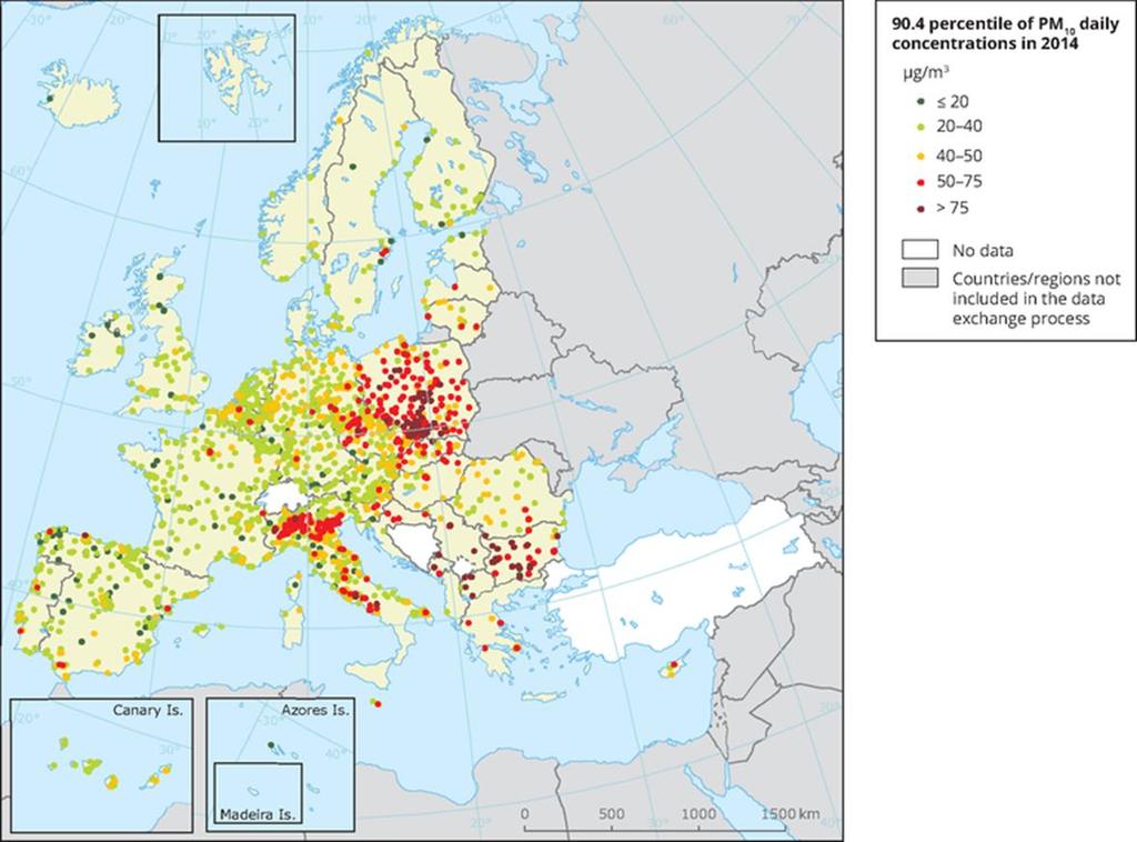 PM 10 határérték túllépés, 2014 Belgium, Bulgária, Svédország, Franciaország, Ausztria, Németország, Szlovákia,