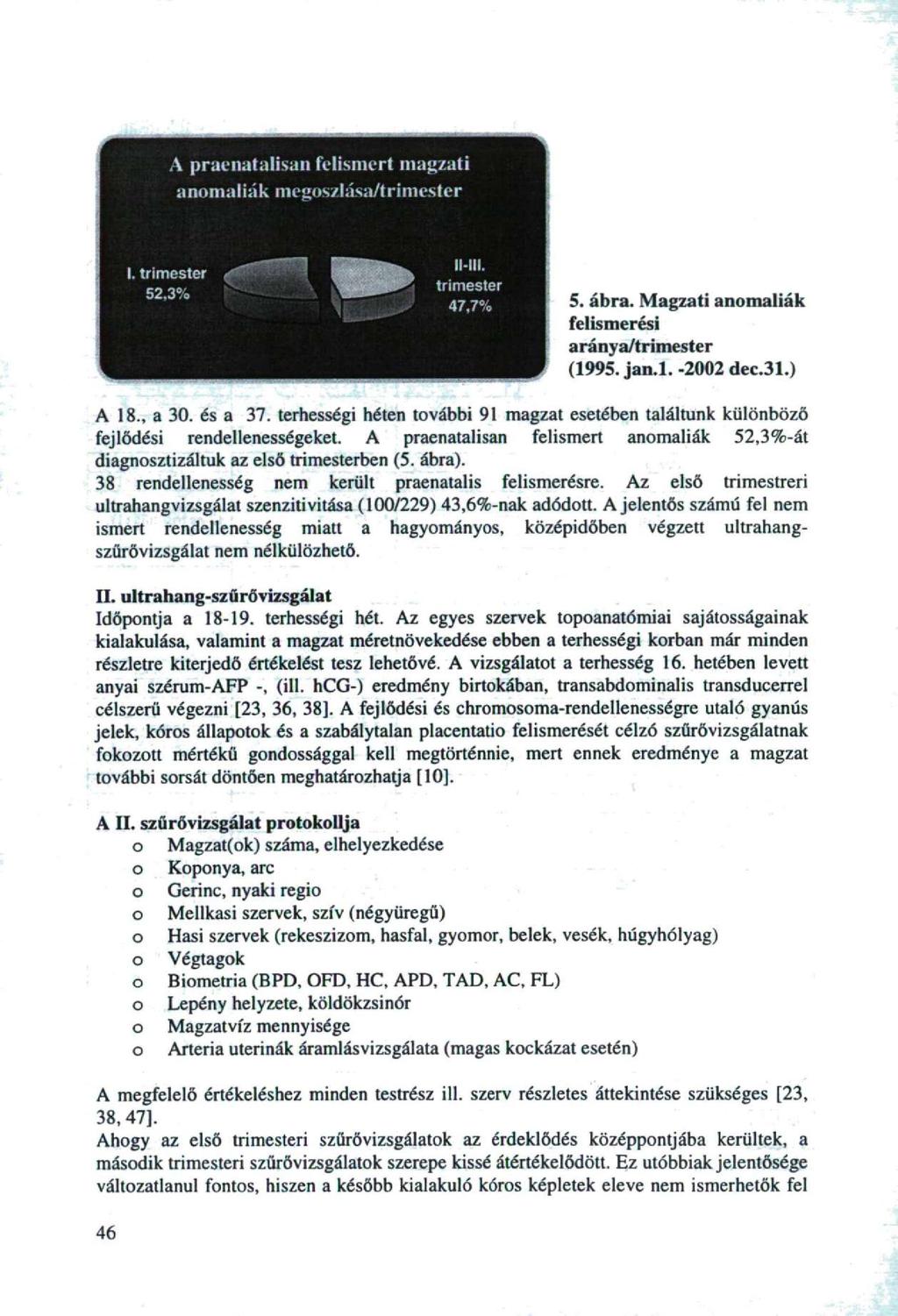 5. ábra. Magzati anmaliák felismerési aránya/tri mester (99S. jan.l. -00 dec.3.) A 8., a 30. és a 37. terhességi héten tvábbi 9 magzat esetében találtunk különböző fejlődési rendellenességeket.