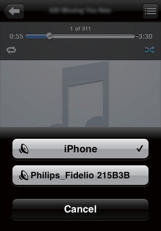 5 Lejátszás 3 Válassza ki az AirPlay listából a Philips_ Fidelio XXXX alkalmazást (vagy a felhasználóra szabott nevet).