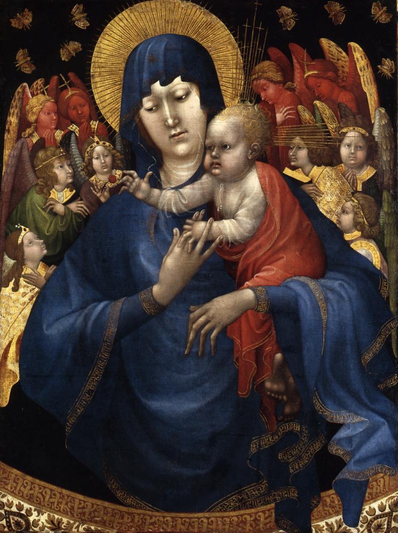 Jean Malouel (?): Szűz angyalokkal és pillangókkal, 1410 körül. Vászon, 107 x 81 cm. Berlin, Staatliche Museen, Gemäldegalerie. Forrás: www.boijmans.nl.