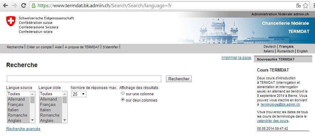 felhasználónak lehetősége van saját felhasználói account kérésére (créer un compte, Konto registrieren, crea un account, registrar in conto, register an account) a részletesebb keresés és a TermDat