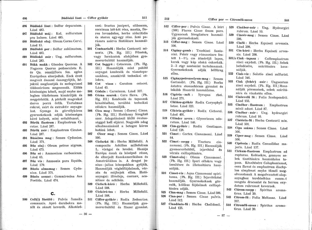 'i 1 486 Büdöskő liszt - Ciffer gyökér 511 486 Büdöskő liszt : Sulfnr depuratum. Lásd 483. 487 Büdöskő máj : l(al. sulfuratum pro balneo. Lásd 485. 488 Büdöskő olaj: Oleum Cornu Cervi. Lásd 13.