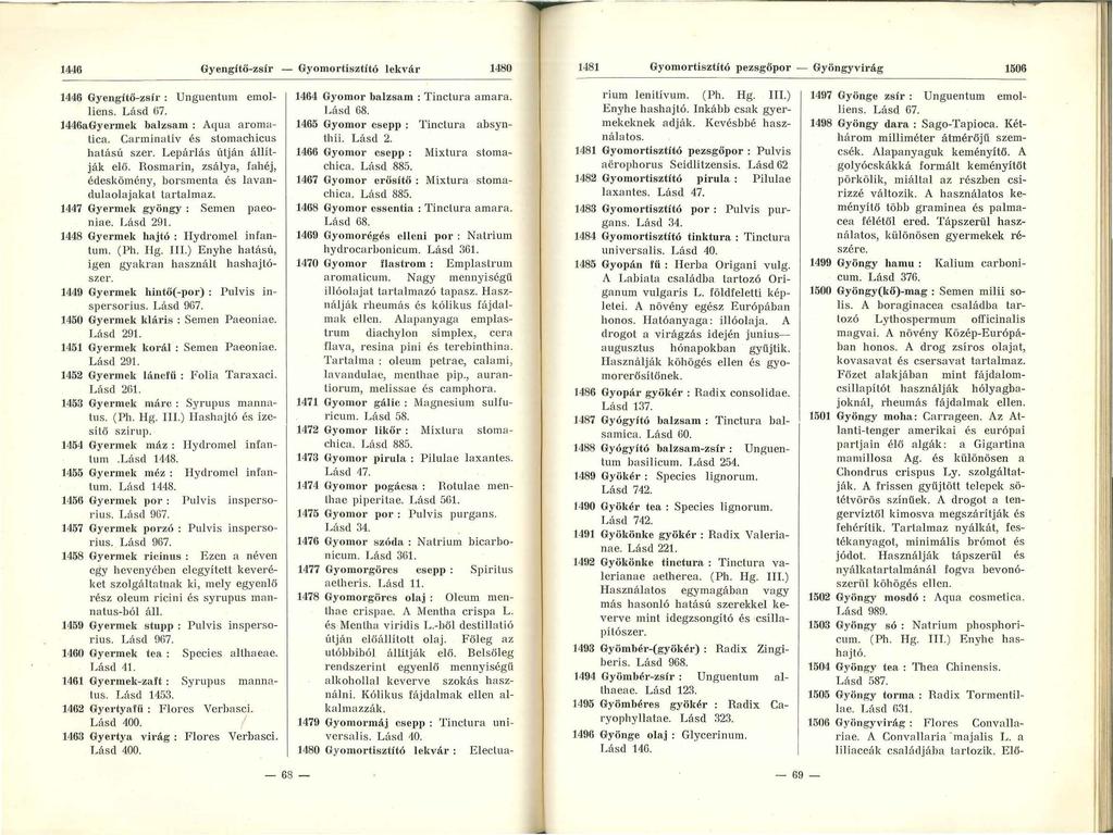 1446 Gyengítő-zsír - Gyomortisztító lekvá1 1480 1481 Gyomortisztító pezsgőpor - Gyöngyvirág 1506 1446 Gyengítő-zsír : Ungucntum emolliens. Lásd 67. l446agyermek balzsam : Aqua aroma Lica.