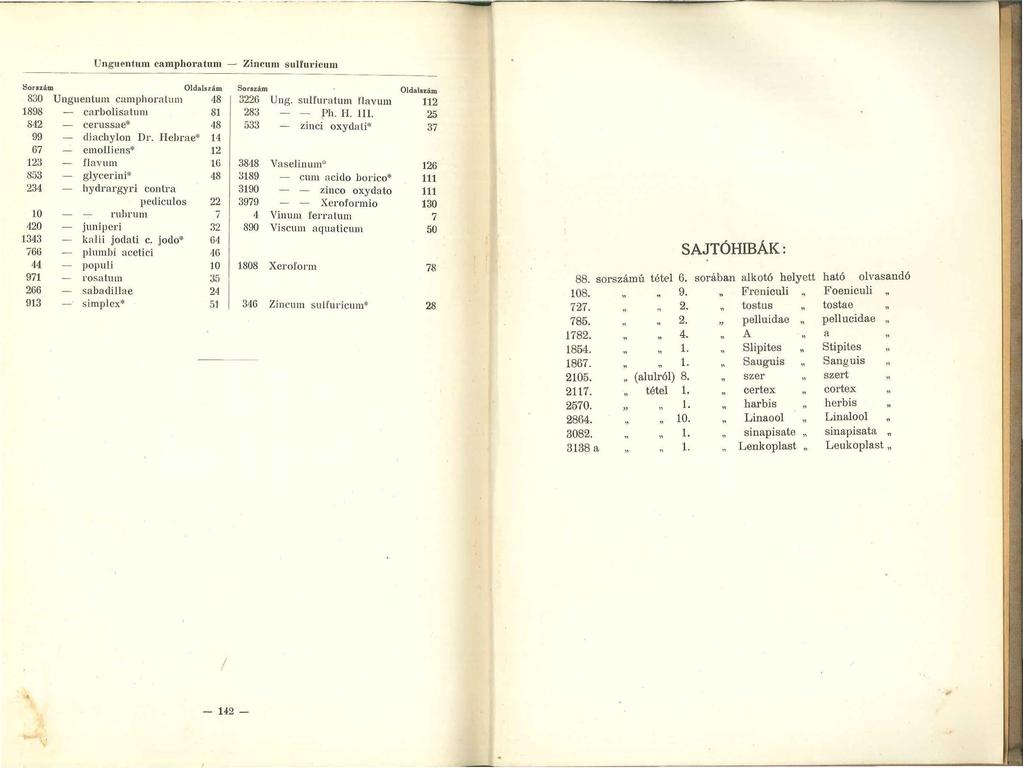 Ung uentum camphoratmn - Zincum sulfuricum Sorszám Oldalszám Sorszám 830 Unguenlum camphoralum 48 3226 Ung. sulfuratum l'lavum 1898 carbolisa ltnn 81 283 - Ph. H. lll.
