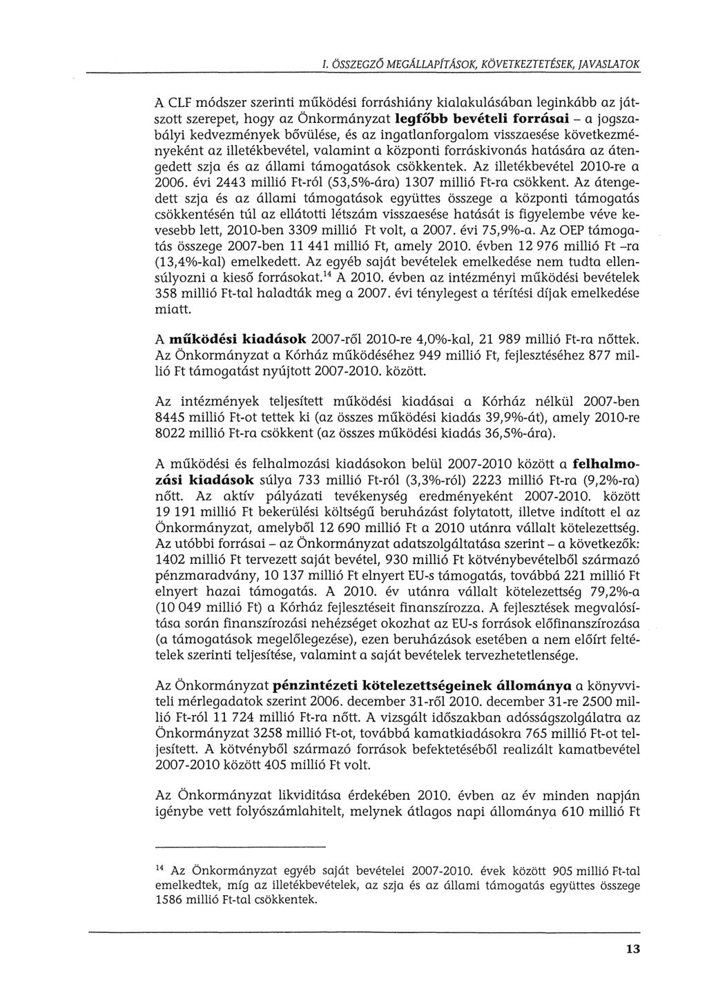 I. ÖSSZEGZŐ MEGÁLLAPÍTÁSOK, KÖVETKEZTETÉSEK, JAVASLATOK A CLF módszer szerinti működési forráshiány kialakulásában leginkább az játszott szerepet, hogy az Önkormányzat legfőbb bevételi forrásai- a