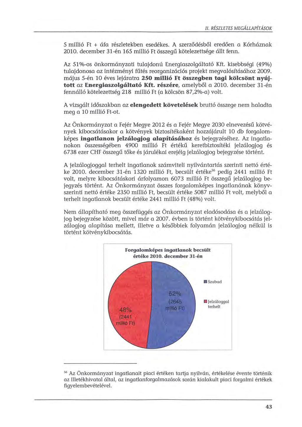 5 millió Ft + áfa részletekben esedékes. A szerződésből eredően a Kórháznak 2010. december 31-én 165 millió Ft összegű kötelezettsége állt fenn.