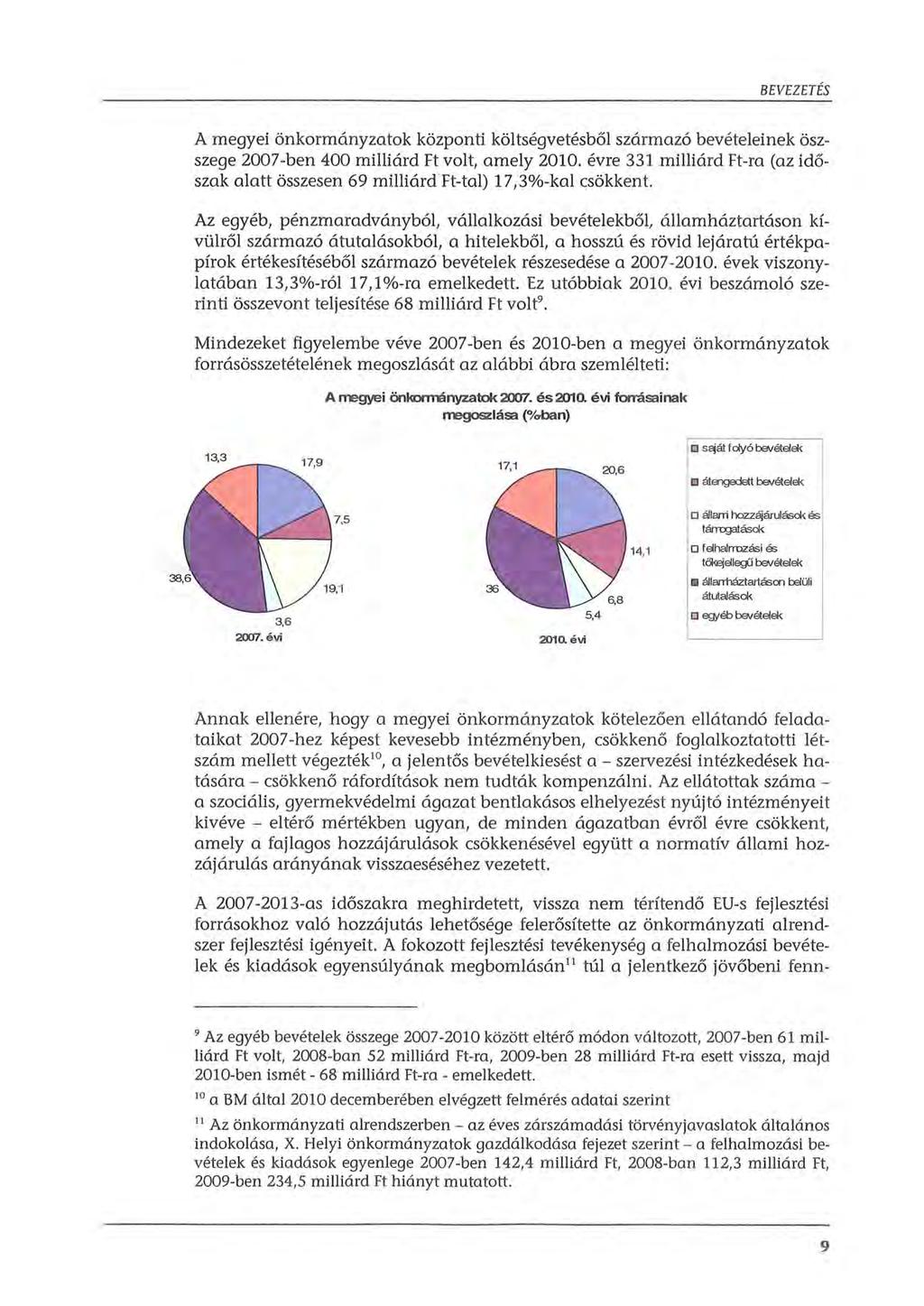 BEVEZETÉS A megyei önkormányzatok központi költségvetésből származó bevételeinek öszszege 2007-ben 400 milliárd Ft volt, amely 2010.