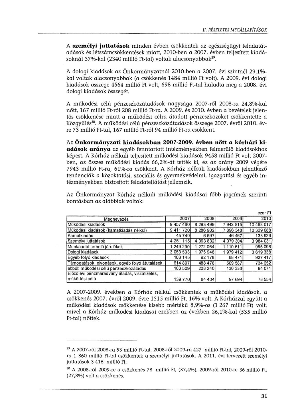 II. RÉSZLETES MEGÁLLAPiT ÁSOK A személyi juttatások minden évben csökkentek az egészségügyi feladatátadások és létszámcsökkentések miatt, 2010-ben a 2007.