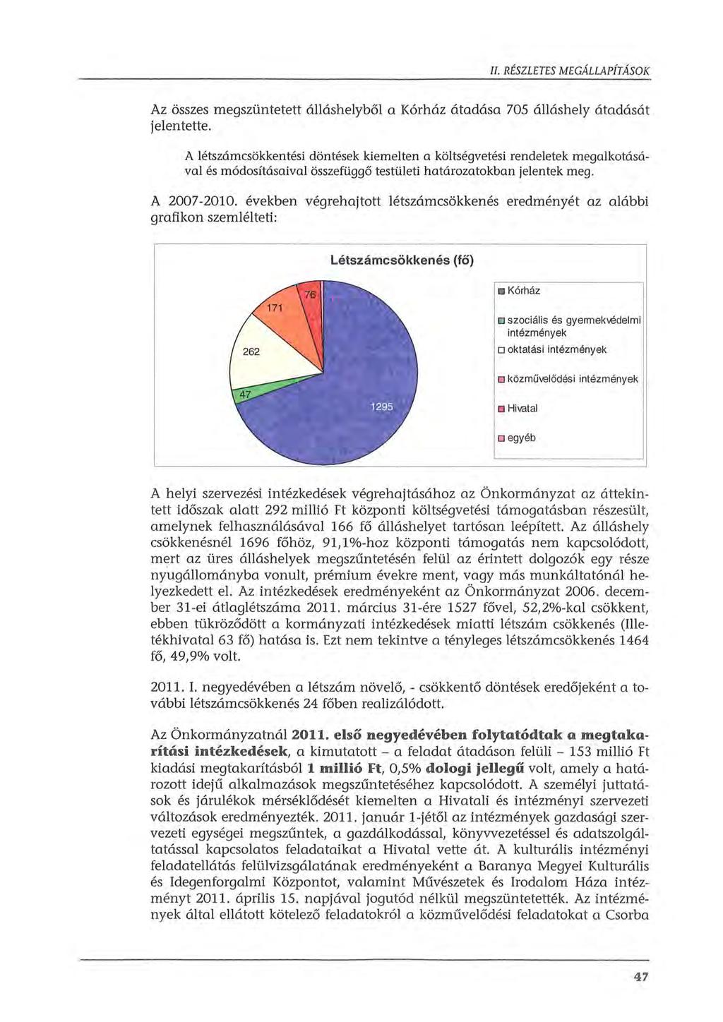 II. RÉSZLETES MEGÁLLAPÍTÁSOK Az összes megszüntetett álláshelyből a Kórház átadása 705 álláshely átadását jelentette.
