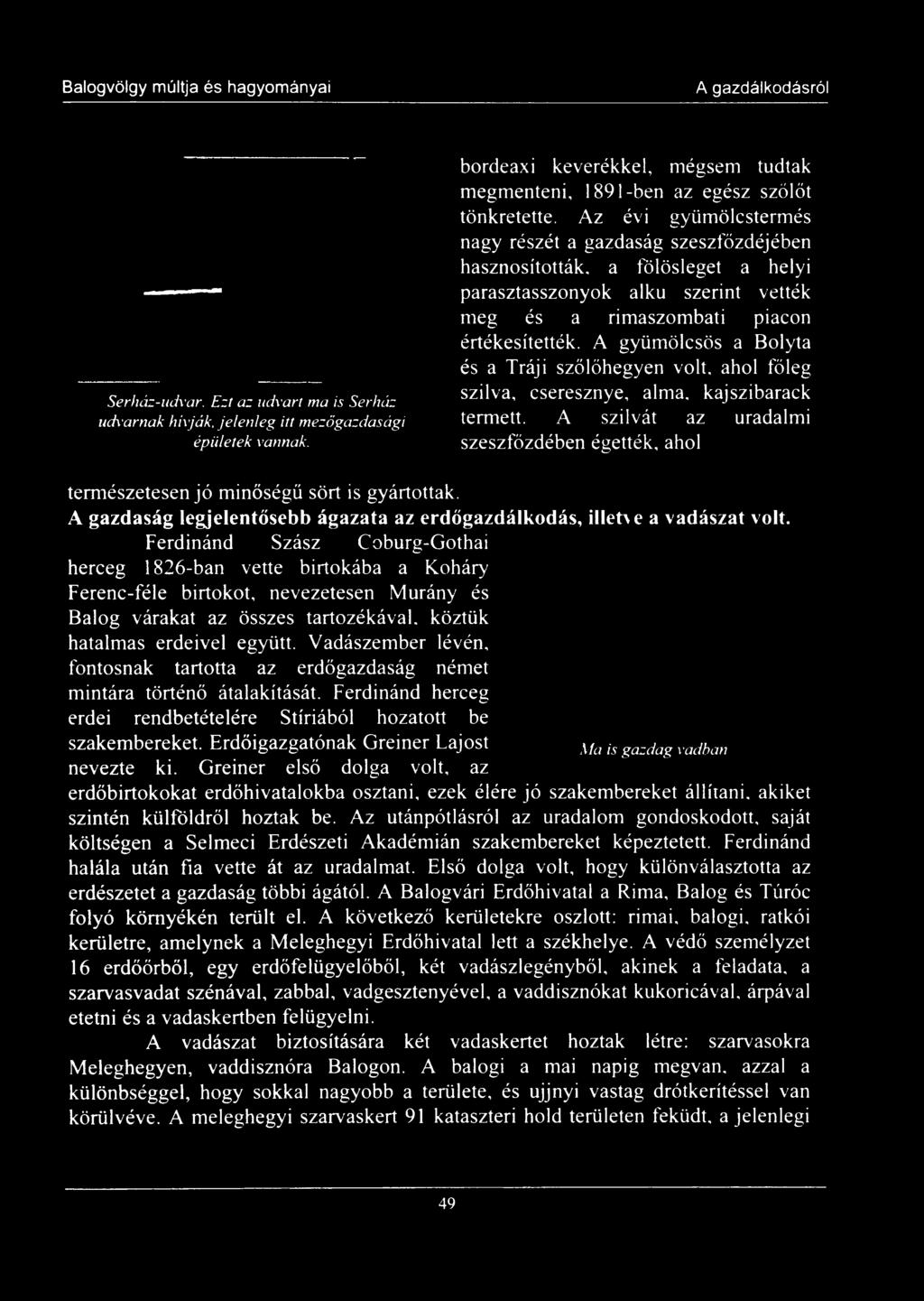 A szilvát az uradalmi szeszfőzdében égették, ahol természetesen jó minőségű sört is gyártottak. A gazdaság legjelentősebb ágazata az erdőgazdálkodás, illetve a vadászat volt.