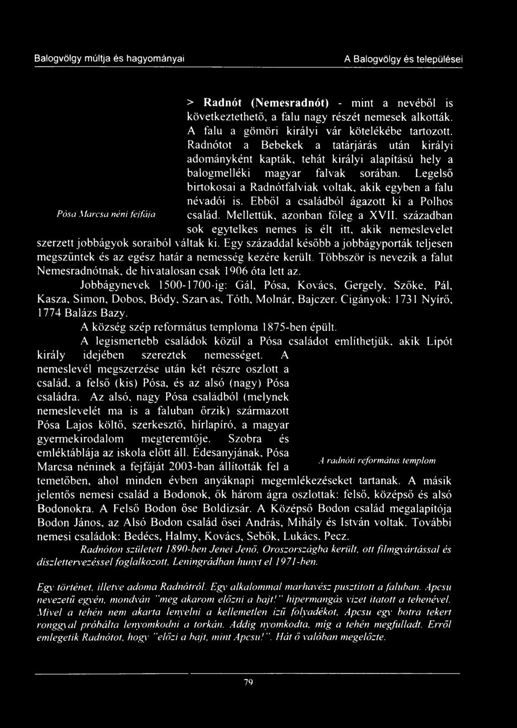 Legelső birtokosai a Radnótfalviak voltak, akik egyben a falu névadói is. Ebből a családból ágazott ki a Polhos család. Mellettük, azonban főleg a XVII.