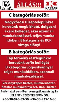 toth@hungarymeat.hu e-mail címre küldött vagy a Majsai út 30. szám alatt a portán leadott önéletrajzzal KISKUNFÉLEGYHÁZI Hungary- Meat Kft.