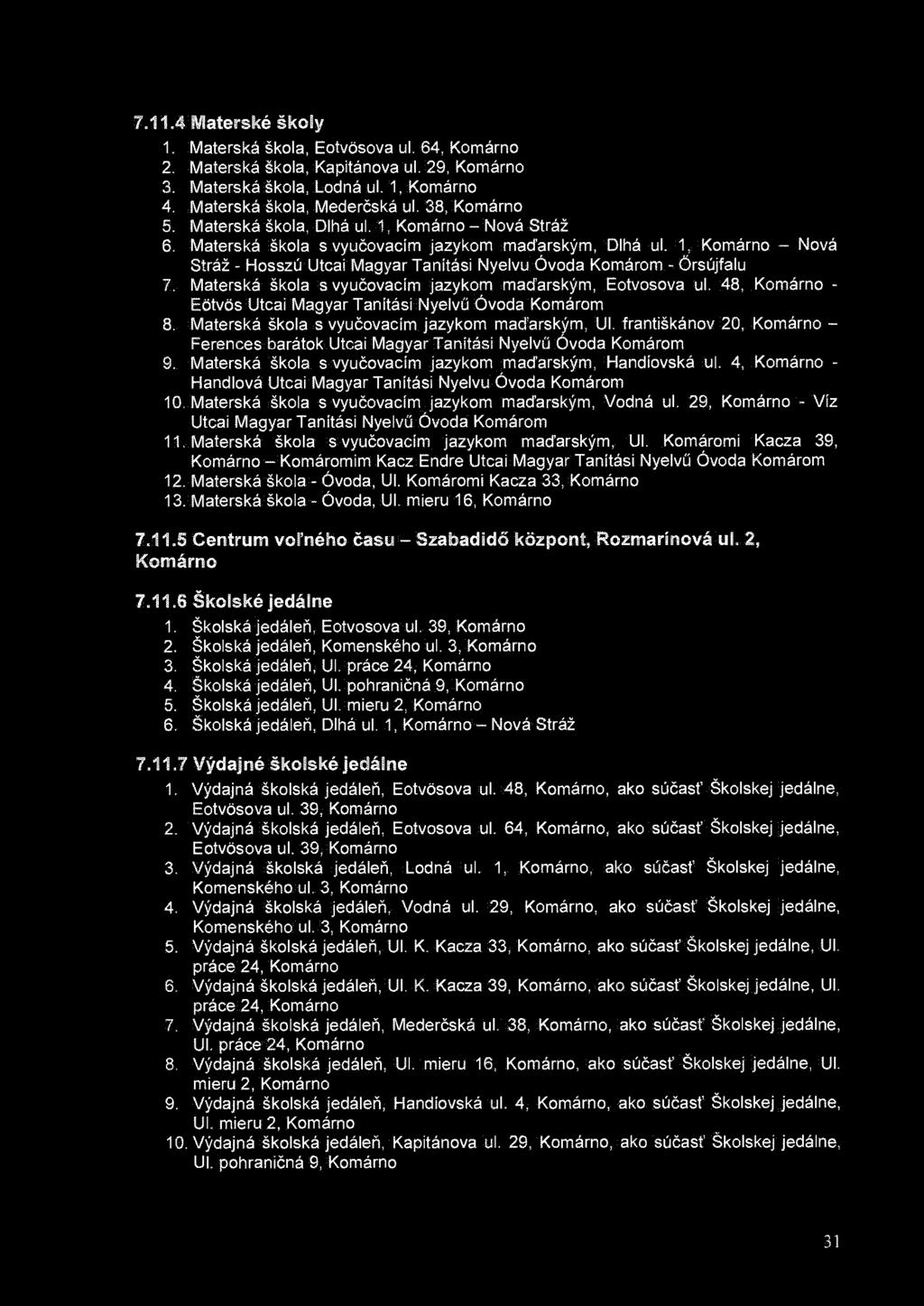 7.11.4 Materské školy 1. Materská škola, Eotvôsova ul. 64, Komárno 2. Materská škola, Kapitánova ul. 29, Komárno 3. Materská škola, Lodná ul. 1, Komárno 4. Materská škola, Mederčská ul. 38, Komárno 5.