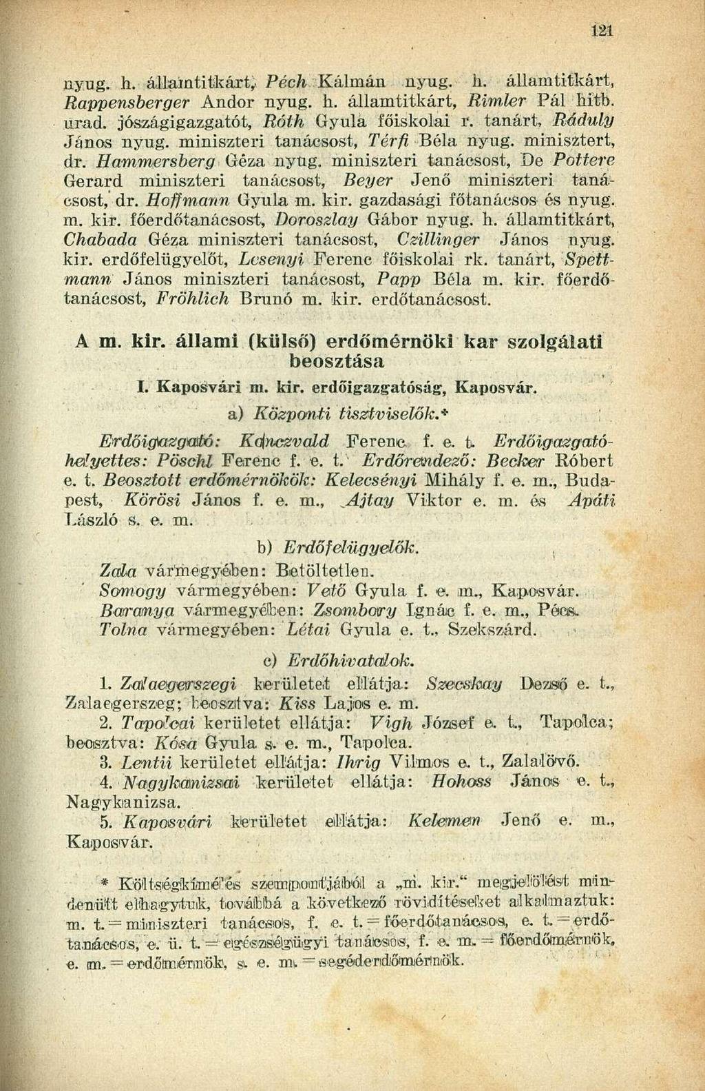 nyug. h. államtitkárt,' Pech Kálmán nyug. h. államtitkárt, Rappensberger Andor nyug. h. államtitkárt, Rimler Pál hitb. urad. jószágigazgatót, Róth Gyula főiskolai r. tanárt, Ráduly János nyug.