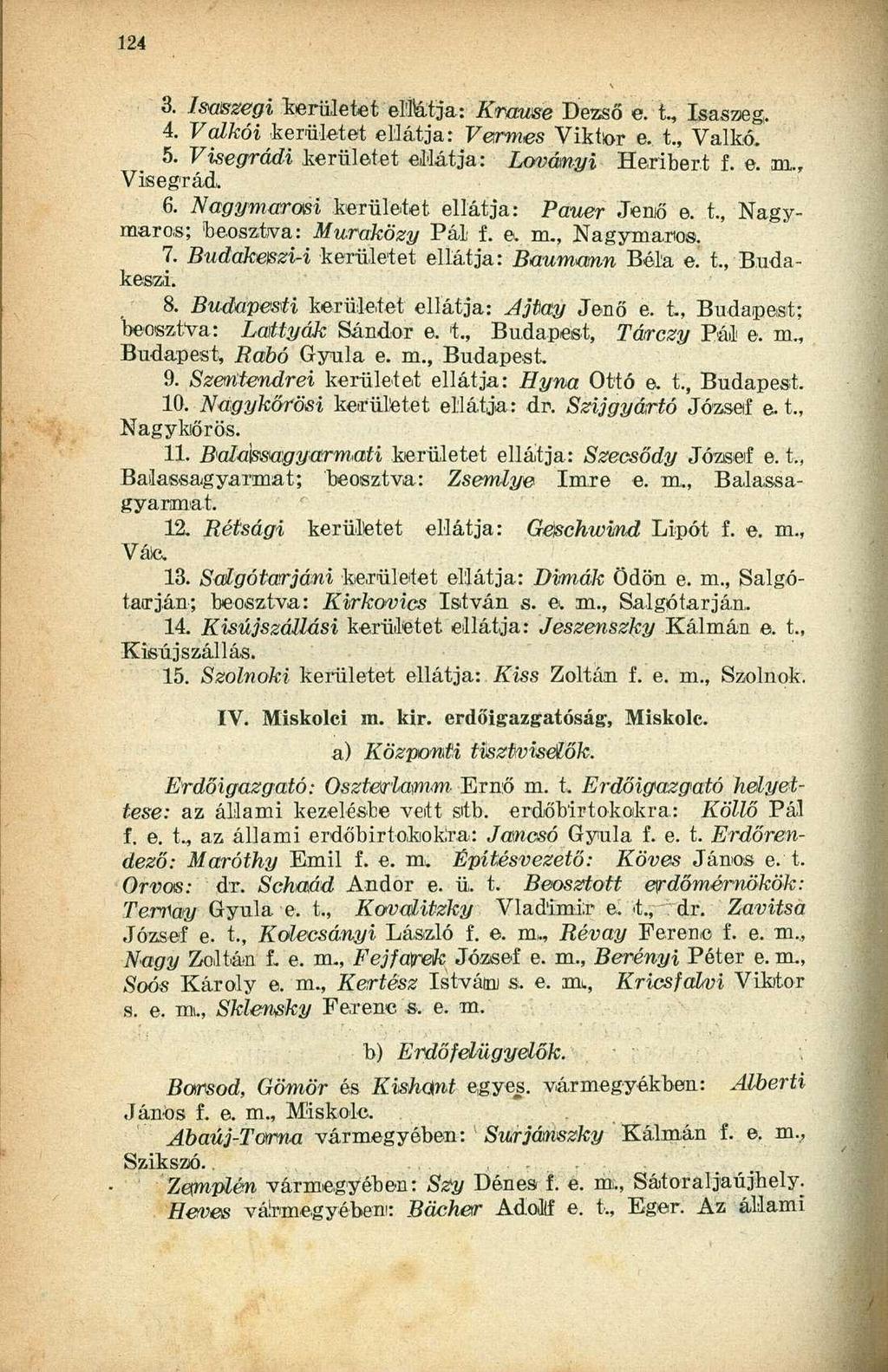 3. Jsmzegi területet ell&tja: Krawse Dezső e. t, Isaszeg. 4. Valkói területet ellátja: Vermes Viktor e. t., Valkó. 5. Visegrádi kerületet ellátja: Lovámyi Heribert f. e. m,., Visegrád. 6.