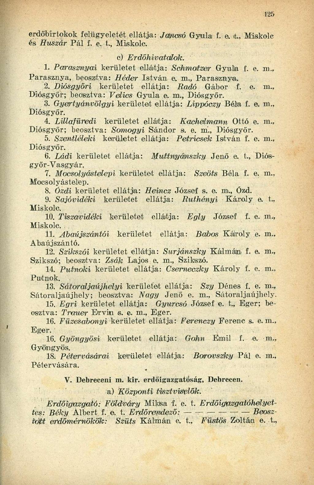 erdőbirtokok felügyeletét ellátja: Jamosó Gyula f. a t,, Miskolc és, Huszár Pál f. a t., Miskolc. c) Erdőhivatalok. 1. Paraszmyai kerületet ellátja: Schmatzer Gyula f. e. m.