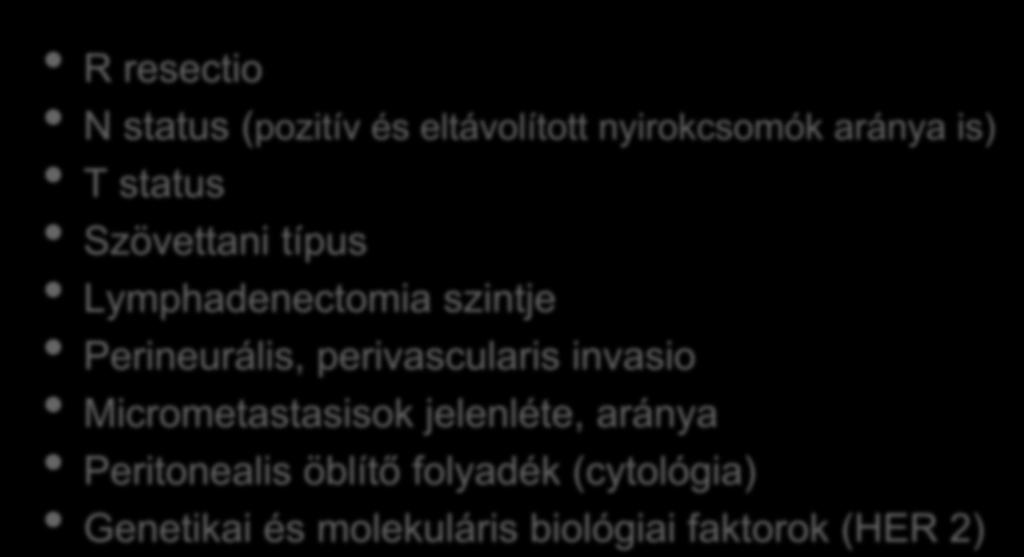 Prognosztikus faktorok a gyomorrák gyógyulási kilátásában R resectio N status (pozitív és eltávolított nyirokcsomók aránya is) T status Szövettani típus Lymphadenectomia