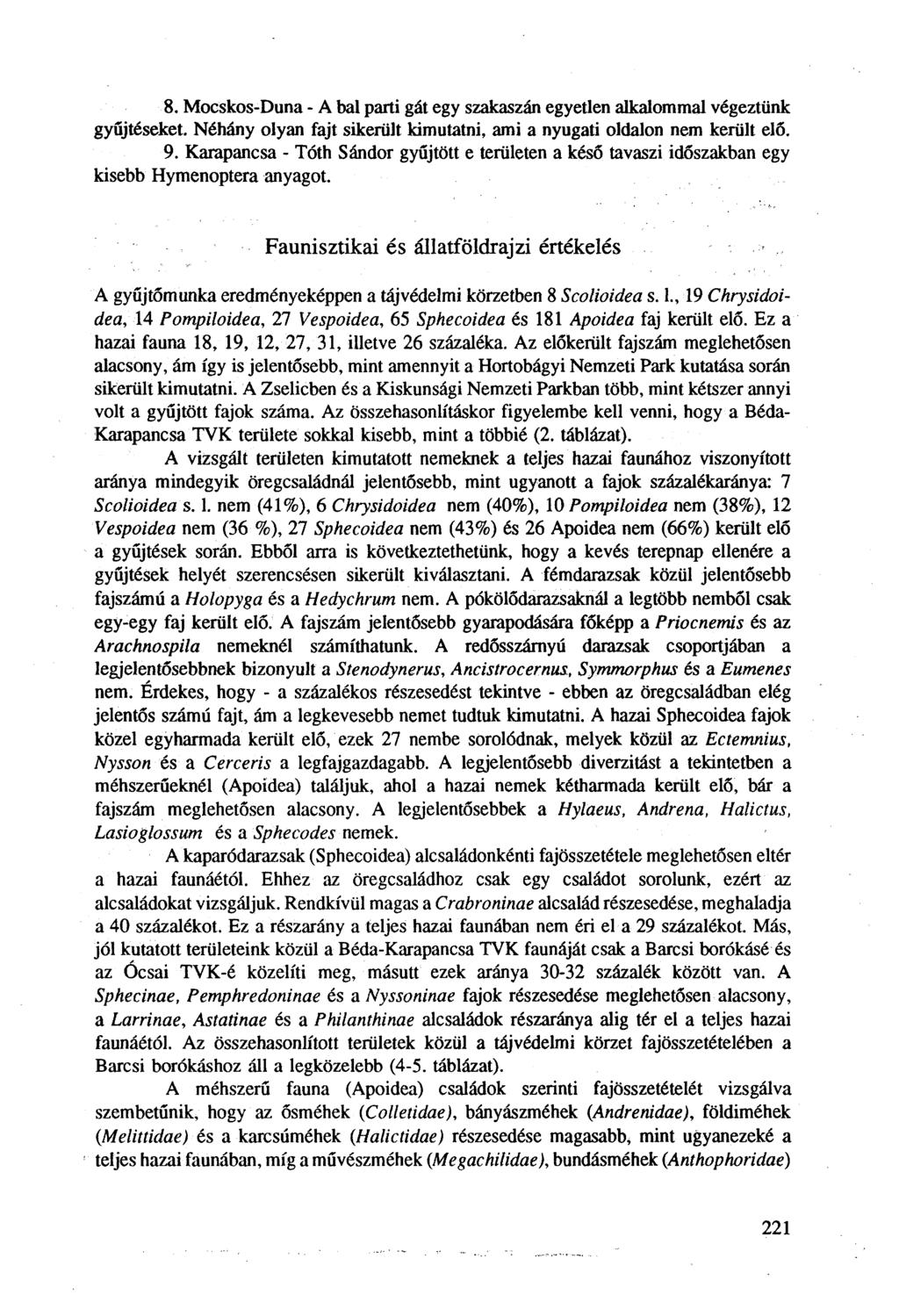 8. Mocskos-Duna - A bal parti gát egy szakaszán egyetlen alkalommal végeztünk gyűjtéseket. Néhány olyan fajt sikerült kimutatni, ami a nyugati oldalon nem került elő. 9.