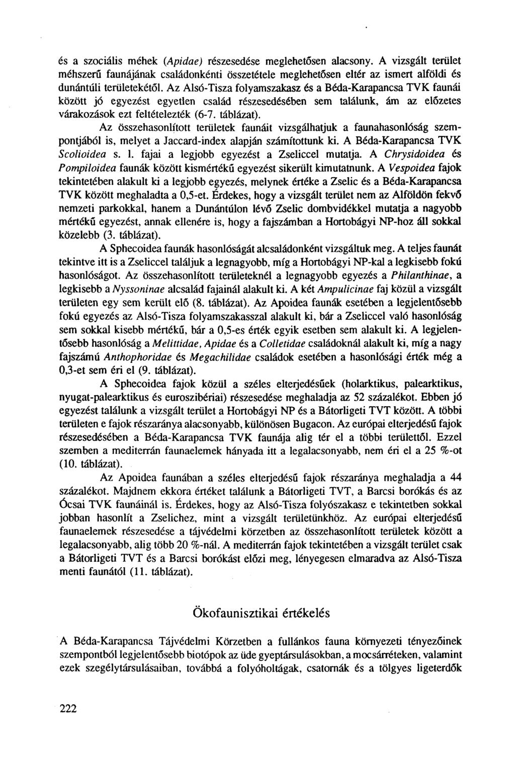 és a szociális méhek (Apidae) részesedése meglehetősen alacsony. A vizsgált terület méhszerű faunájának családonkénti összetétele meglehetősen eltér az ismert alföldi és dunántúli területekétől.