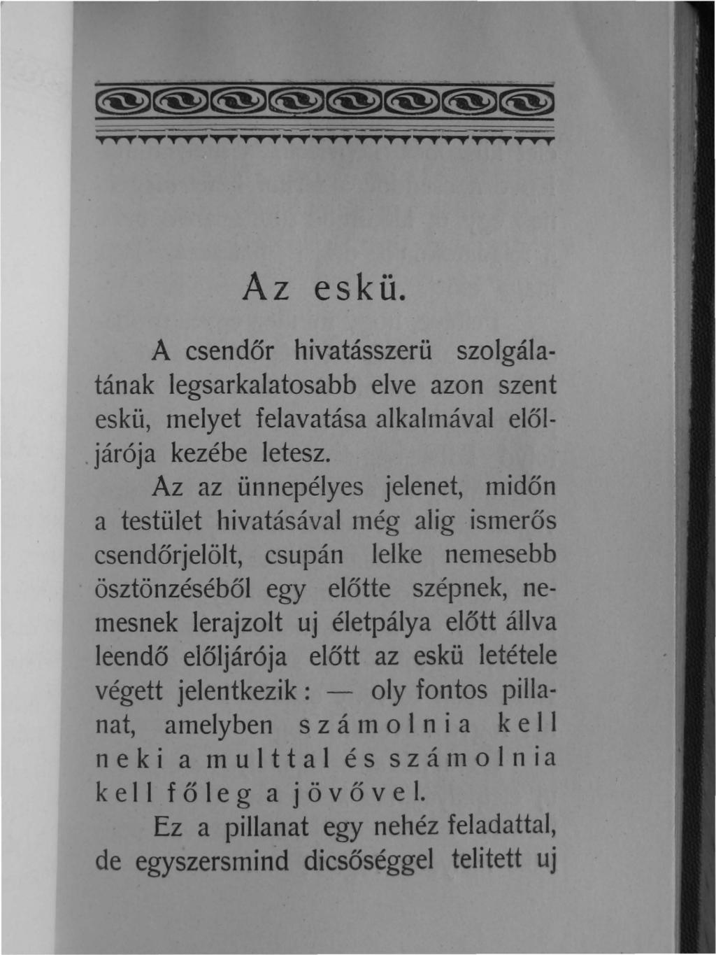 ... _-- -- T.'.' Y " ' ' Az eskü. A csendőr hivatásszerü szolgálatának legsarkalatosabb elve azon szent eskü, melyet felavatása alkalrnával előljárója kezébe letesz.