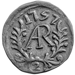 Anyag: réz Átmérő: 22 mm Súly: 2,5 2,9 g (2.04.02.01.) 1,4 1,5 g (2.04.02.02.) Ritkaság: 9 Irodalom: Neumann V., 28477. Ernst p. 38., 31. b) Gohl 124 125.