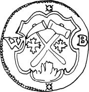 A keresztbe tett szerszámnyelek bal és jobb M = 1,5 : 1 szögletébe a W és a B betű került. Az ék hegye érinti a W-t.