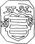 VIII/1.1. KATALÓGUS 1.05. Besztercebánya 1.05.01. E: nyocszögletű lapkán díszes, az N és S betű között álló, sávos címerpajzs fölött évszám:.1 5 9 1.