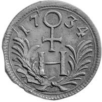 E: A széles, recés peremmel és vomalkörrel övezett mezőben, az érmekép felső szélén az ívesen írt, megosztott évszám, az 17 34