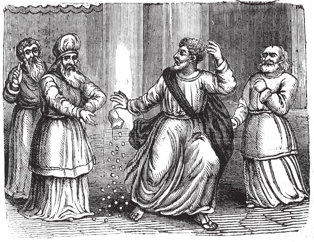 1. kép. Júdás visszaadja az árulásáért kapott 30 ezüstpénzt a főpapoknak. A Bucsánszky-féle 1862-es ponyvanyomtatvány címlapja.