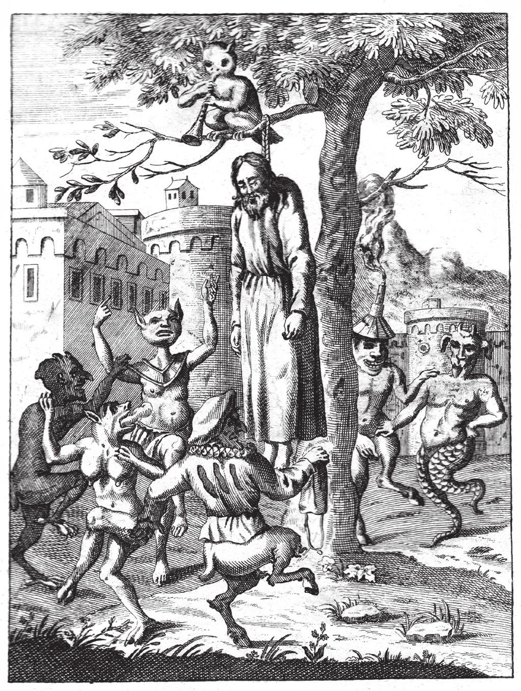 2. kép. Az öngyilkos Júdás az örvendező ördögökkel. Abraham a Santa Clara könyvének 1718-es nürnbergi kiadásának előzéklapján. fizettek neki. Ettől fogva kereste az alkalmat, hogy kiszolgáltassa.