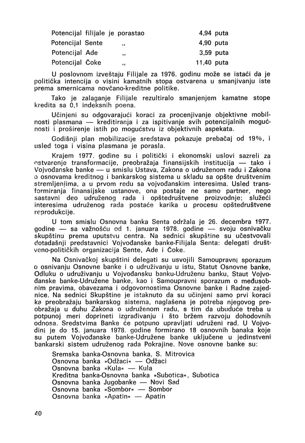Potencijal Sente Potencijal Ade Potencijal Čoke 4,90 puta 3,59 puta 11,40 puta U poslovnom izveštaju Filijale za 1976.