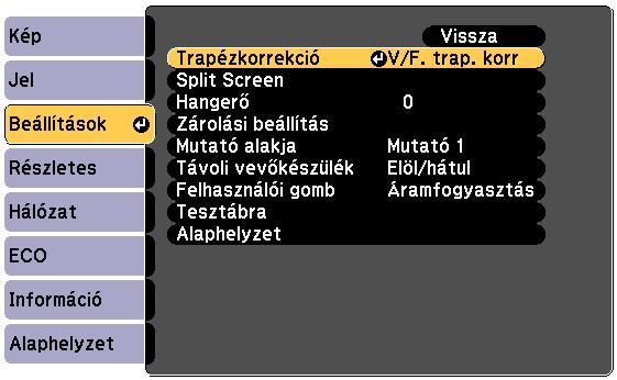 A kép lkj 42 g Kpcsolódó hivtkozások "A kivetítő funkcióink beállítási - Beállítások menü" p.110 c Válssz ki Beállítások menüt, és nyomj meg z [Enter] gombot.