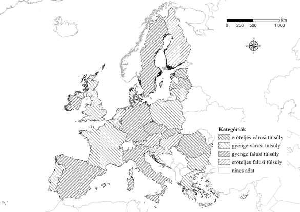 11. ábra A sportolási gyakoriság az Európai Unió egyes országaiban településtípus szerint 2013-ban (a sportolási gyakoriság különböző településtípusaira jellemző értékeinek súlyozásával, majd a