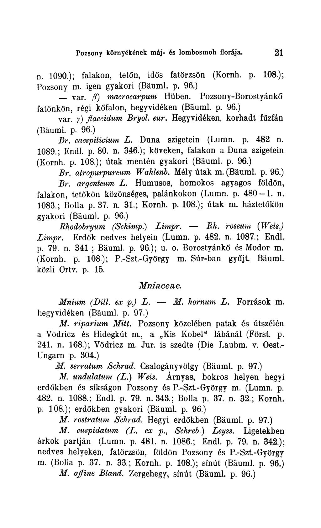 Pozsony kornyékének máj- és lombosmoh florája. 21 n. 1090.); falakon, tetón, idos fatórzsón (Kornh. p. 108.); Pozsony no. igen gyakori (Báuml. p. 96.) var. /9) macrocarpum Hüben.