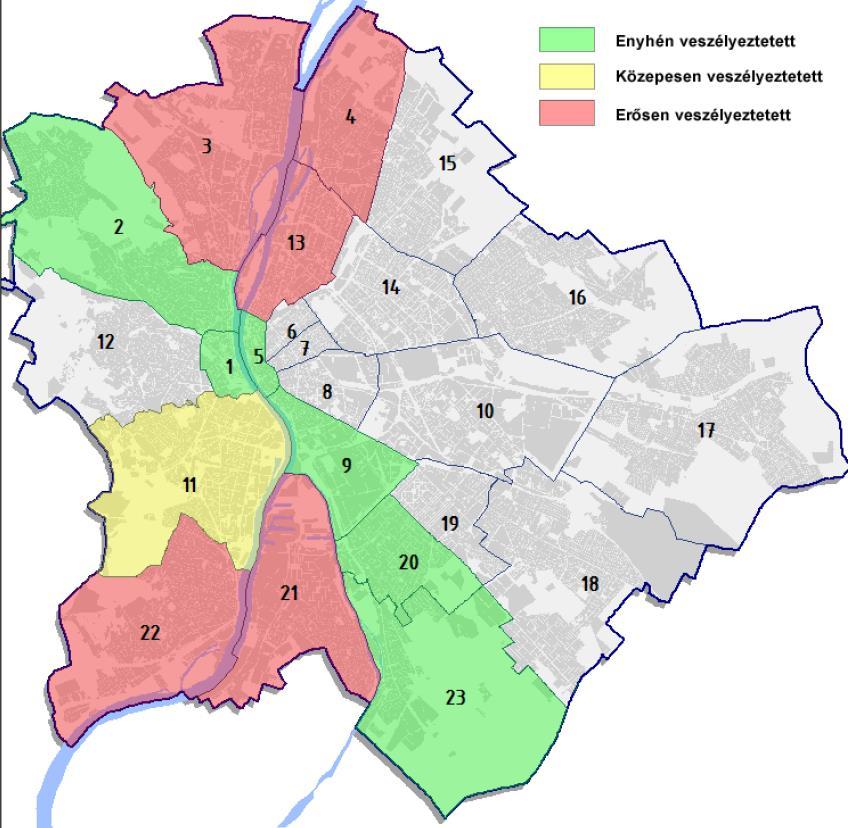 34. ábra Az egyes budapesti kerületek árvíz veszélyeztetettsége 50 A fővárosi TSZT-ben (2017) pontosították az I.